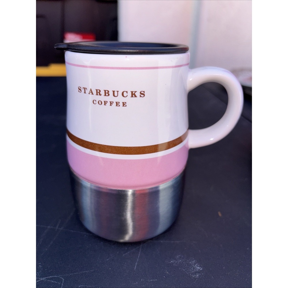 Starbucks Coffee Mug 2006 Ceramic Stainless Steel Pink Stripes 14 oz Rare
